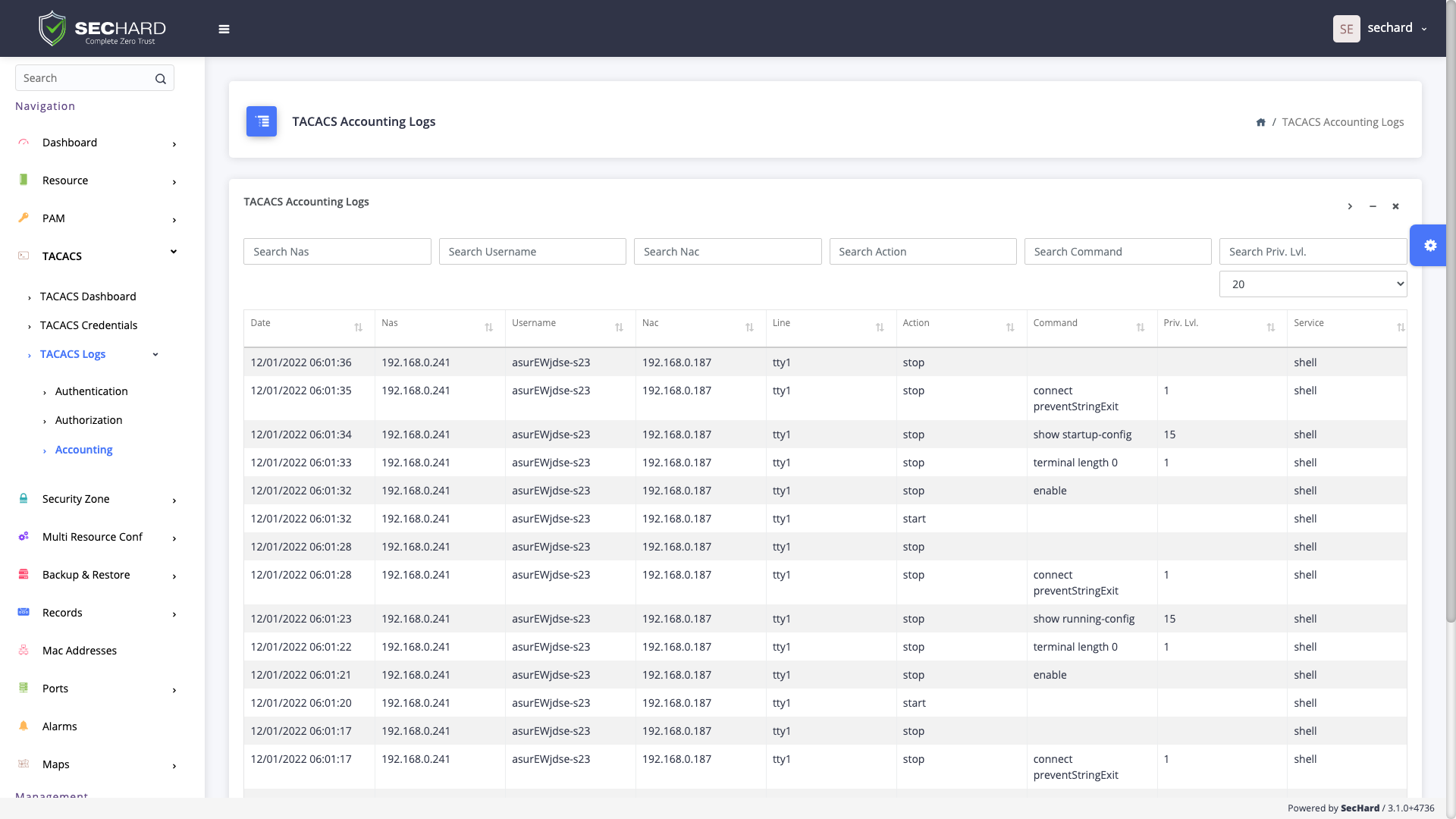SecHard DeviceBox console and TACACS flows
